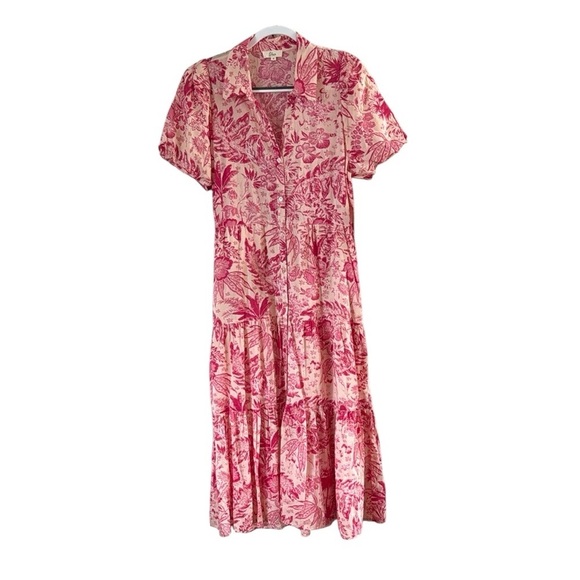 Elan Pink and Ivory Button Romantic Front Tiered Cotton Floral Dress size Medium - Picture 3 of 8